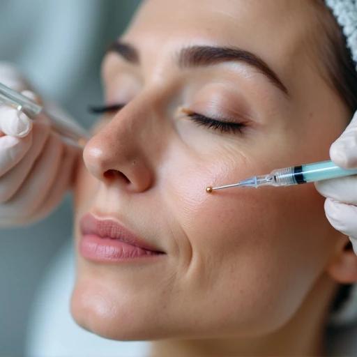 Close-up of a hand holding a syringe injecting into skin. The person's eyes are closed appearing relaxed. The scene shows a cosmetic procedure. Skin around injection shows signs of aging. Professional environment of clinic or home treatment.