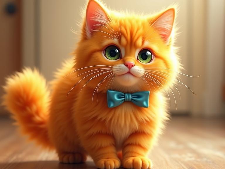 Fluffy orange cat with huge green eyes and a crooked blue bowtie. Fur orange and bright. Cat looks round and cuddly. Long curly whiskers and a big poofy tail. Cat has a waddle and makes little boing sounds.