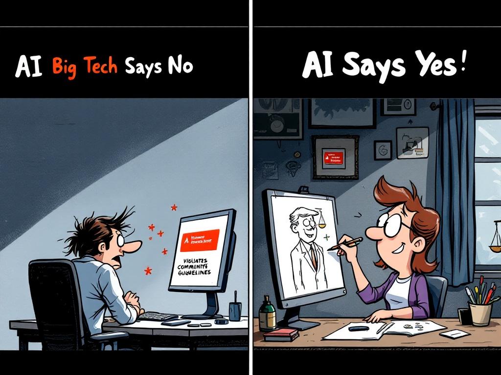 Cartoon contrasting two scenes. Left scene shows frustrated artist. Right scene shows happy artist. Left side has corporate atmosphere. Right side has creative vibe. Title at the top indicates themes of censorship and freedom.