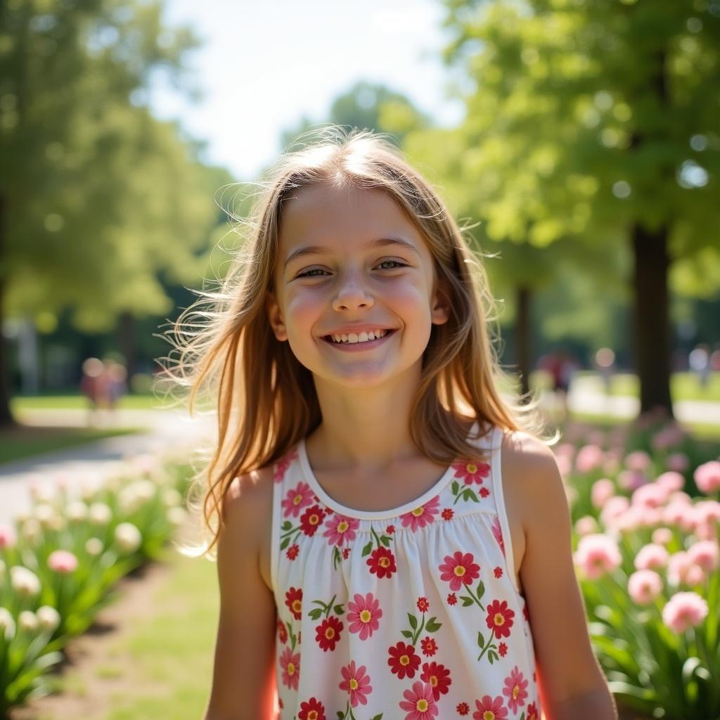 The image shows a joyful young girl with long hair smiling brightly in a flower-filled park. She wears a floral-patterned sleeveless dress that resonates with the colors of the blooming flowers around her. The scene is set on a sunny day, with soft green grass and pink tulips in the background. This portrait captures a moment of happiness and innocence, reflecting the joys of childhood. The girl appears carefree and full of life, making it a perfect representation of youth.