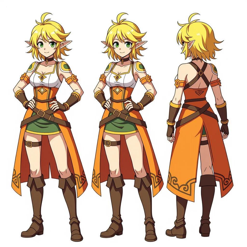 A reference sheet for a female character design featuring a character with pointy ears and blonde hair. The setting has a simple white background to emphasize the character. The design showcases the character in multiple views, highlighting a confident posture. The color scheme includes shades of amber and ochre with green accents. The character has green eyes and a stylish outfit with elbow gloves.