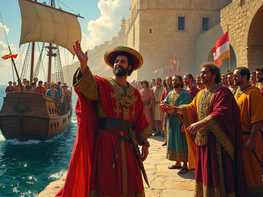 The scene captures the triumphant return of Columbus to Spain in March 1493. Columbus stands at the forefront, wearing ornate garments while raising his hand in greeting. A ship laden with treasures can be seen in the background, with a cheering crowd of sailors and townsfolk. The atmosphere is filled with excitement and celebration as the crew disembarks, bringing news from the New World. The Spanish court is present, conveying a sense of importance and historical significance for this event. Flags representing the various kingdoms wave, emphasizing the grandeur of the occasion.