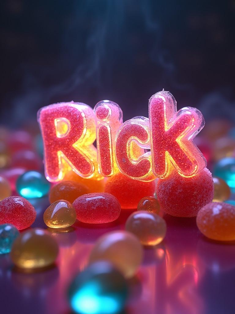 Candy photo features the name 'Rick' made from Gushers with a rainbow glow. Background filled with different colorful jelly candies. The photo highlights bright colors and a magical effect.