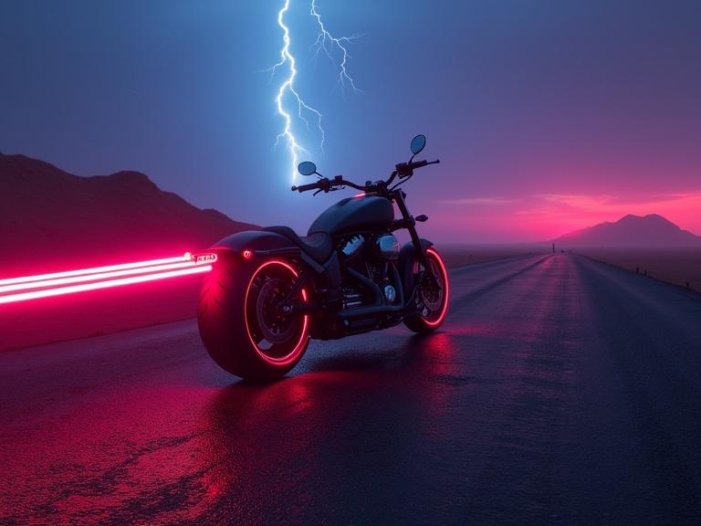 Futuristic black Chopper motorbike parked on an abandoned road. Background features a deep blue and red sunset with lightning. Motorbike has laser light rims and leaves a long laser trail. Night strobe from front lights with rain and fog effects create a moody, wet environment.