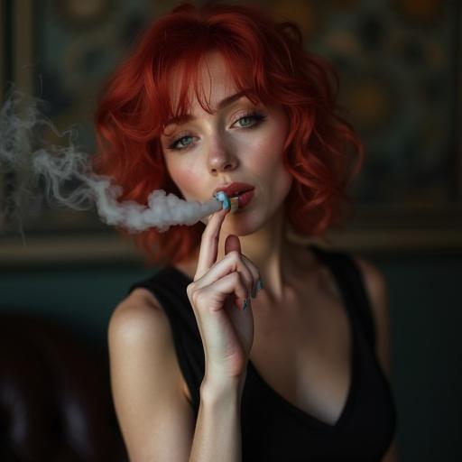 Portrait of a woman with red hair holding a black cigarette holder. She exhales smoke softly. A close-up view captures her expression and the smoke effect.