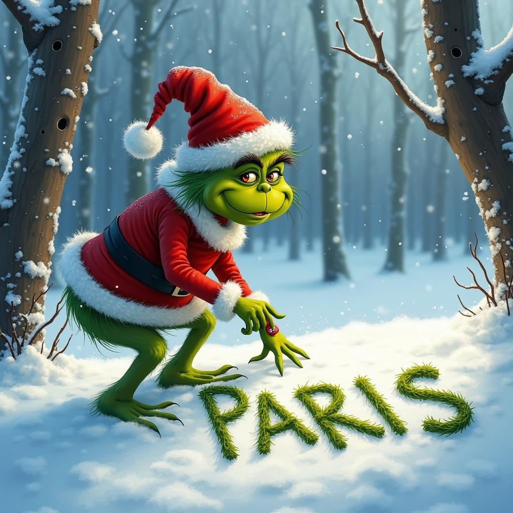 Christmas grinch in a Santa outfit writes Paris in the snow. Snow-covered trees surround the scene.