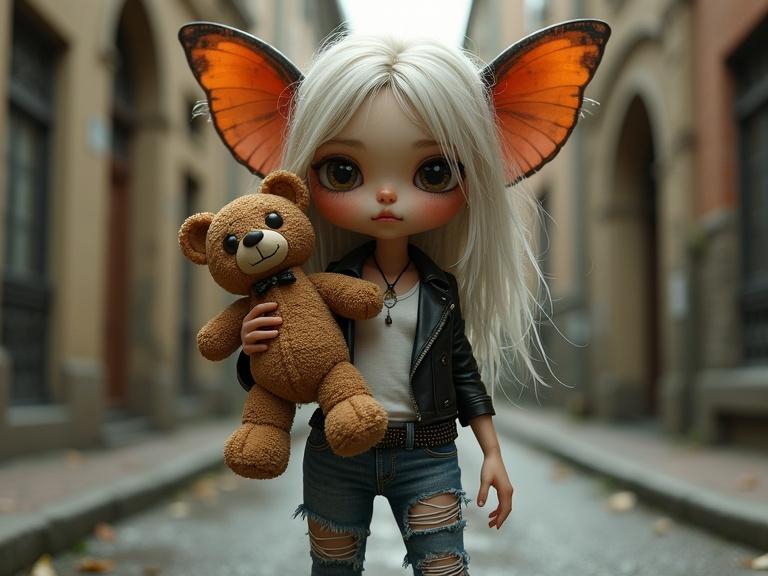 A whimsical pixie fairy doll with butterfly wings and a teddy bear stands in a city alley. The doll has a cute, wide-eyed expression, wearing ripped jeans, a t-shirt, and a leather jacket. The alley has a charming yet eerie atmosphere.