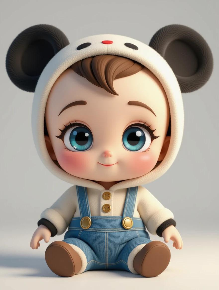 3D character design of a doll in a cute hoodie. The doll features giant expressive eyes. White seamless studio background creates a clean aesthetic. Soft lighting enhances the plushie texture.