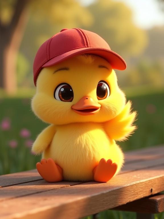 A cute 3D cartoon duck sitting on a wooden bench in a park wearing a small red baseball cap. The duck has fluffy yellow feathers and big shiny eyes. It looks relaxed and happy with one tiny wing waving. Soft shadows with warm sunlight.