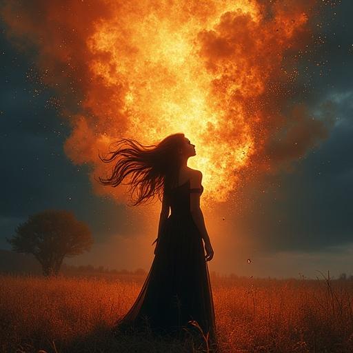 Surreal intense album cover for song Through the Fire by Selene Riva. Central female figure emerges from a vortex of fire and shadows. Hair transforms into dancing flames. Background features a night landscape with stormy clouds lit by golden and red glows. Symbols like a compass wrapped in broken threads representing command in the storm, a rusty iron tree blooming with luminous crystals symbolizing transforming poison into gold, and a fire-winged moth flying towards a barely visible dawn. Use intense colors black, red, gold, touches of electric blue. Atmosphere evokes resilience, chaos turned into beauty, deep connection between light and darkness. Style: abstract digital art with hyper-realistic details and oil painting textures.