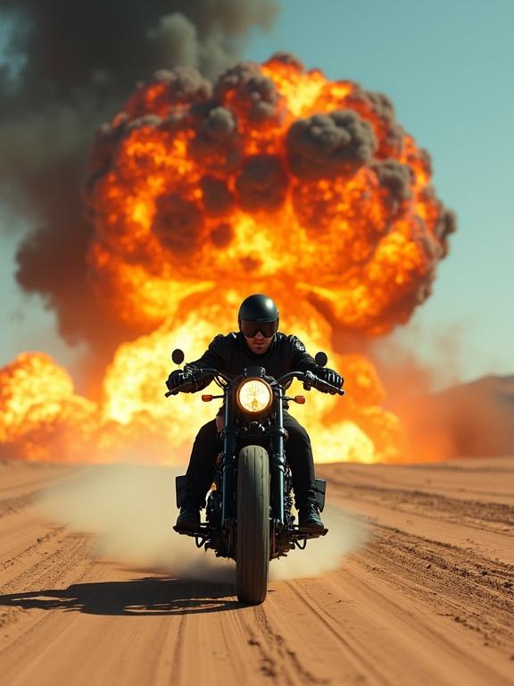 Lone biker in black armor speeds through desert on steampunk vintage chopper. Massive explosion erupts behind him with mushroom cloud of orange flames and black smoke. Biker is unfazed wearing helmet, riding at high speed with dust trailing. Scene captures adrenaline and chaos in action movie style from side view.