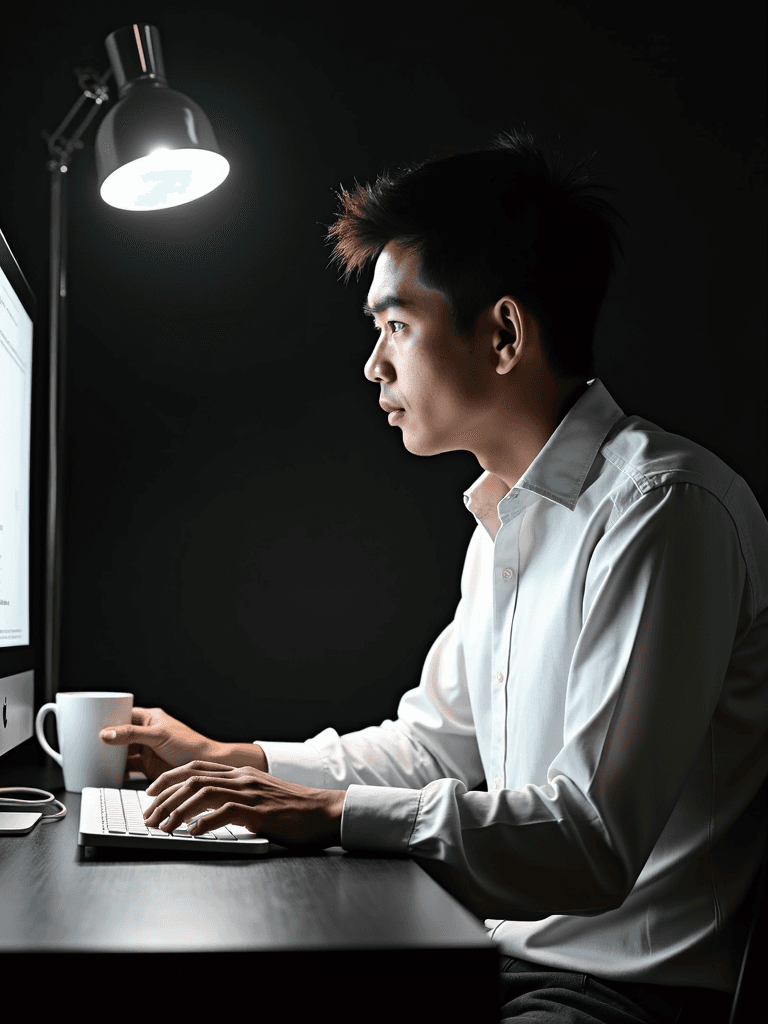 A person in a white shirt is working on a computer at a desk, illuminated by a desk lamp.