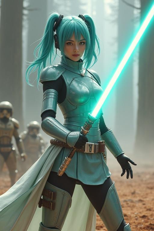 Young woman inspired by Hatsune Miku stands in transparent jedi armor. She wields a turquoise lightsaber on a battlefield. Droids appear in the background. The setting is a scorched forest with soft lighting.