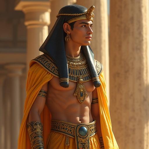 Design a complete young man character in traditional Pharaonic attire with detailed garments and accessories.