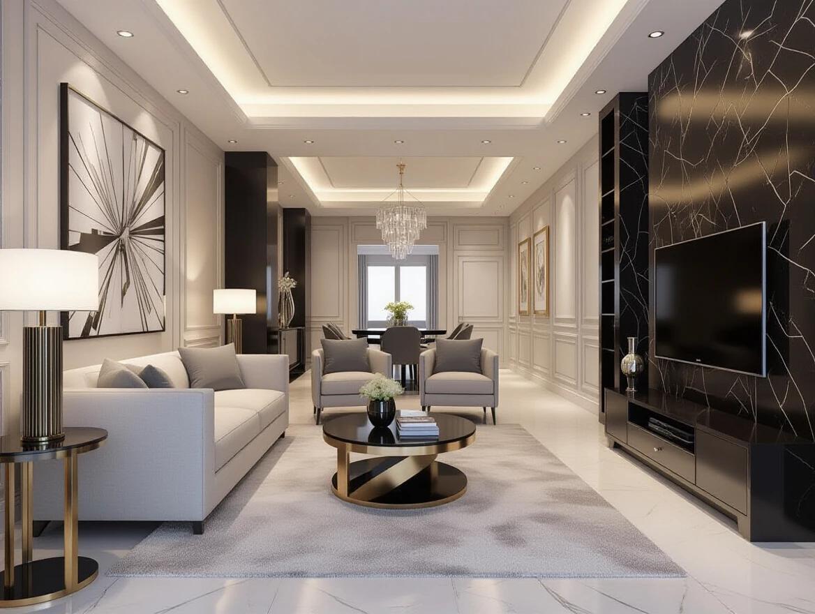 A luxurious living room showcases elegance and modern design. Features a large chandelier and sleek furniture. Walls adorned with minimalist artwork. Floor is polished marble. Gray and white color scheme with gold accents.