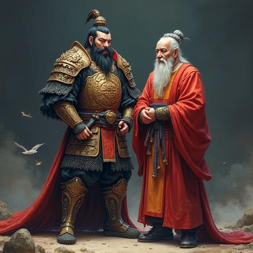 2.5D render with illustrative depth featuring a Chinese warlord in lion-shaped armor alongside an ancient general and a wise advisor in scholar robes set in the Three Kingdoms era. Dark fantasy style with cinematic lighting and detailed textures in a painterly manner.