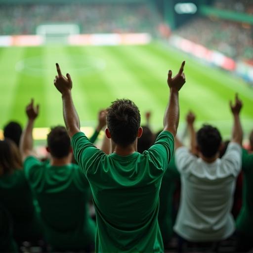 Medium shot of a group of football fans from behind. Fans are standing in stadium stands. They are cheering with arms raised. Some wear green jerseys and others wear white. The football pitch is in the background slightly out of focus. Color palette is muted greens and whites. Focus on backs of cheering fans.