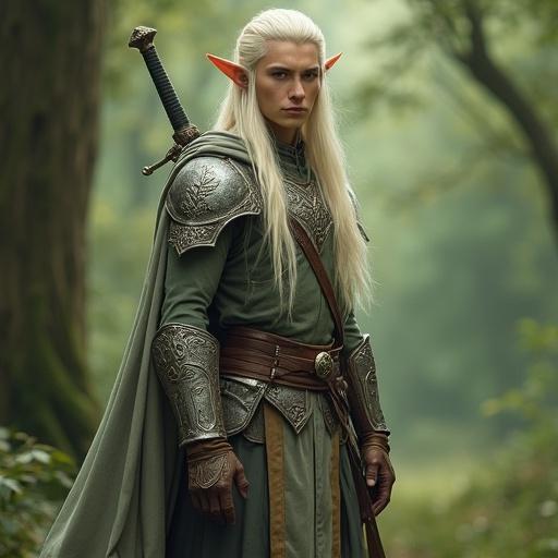 A male elf stands in a forest. He has elongated pointed ears and a slender build. He wears a fitted silver-gray tunic with intricate embroidery, a brown leather belt, and knee-high brown boots. His long platinum blonde hair is styled elegantly. The setting is a soft green backdrop with natural lighting and a subtle background blur. The character appears neutral, showcasing his warrior attire.