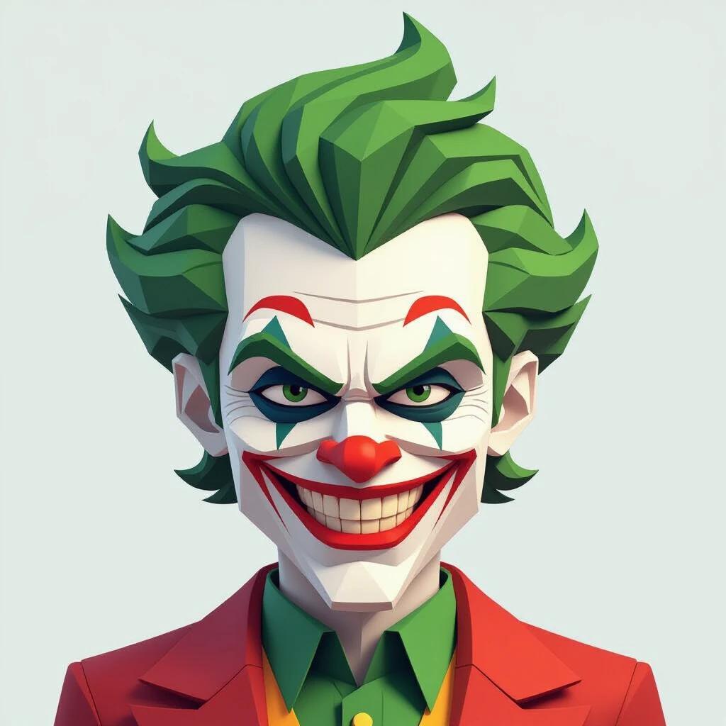 3D minimalist cartoon character inspired by iconic villain. Character features green spiky hair. Attire is a bright red suit with a yellow shirt. Large eyes and playful expression hint at mischief.