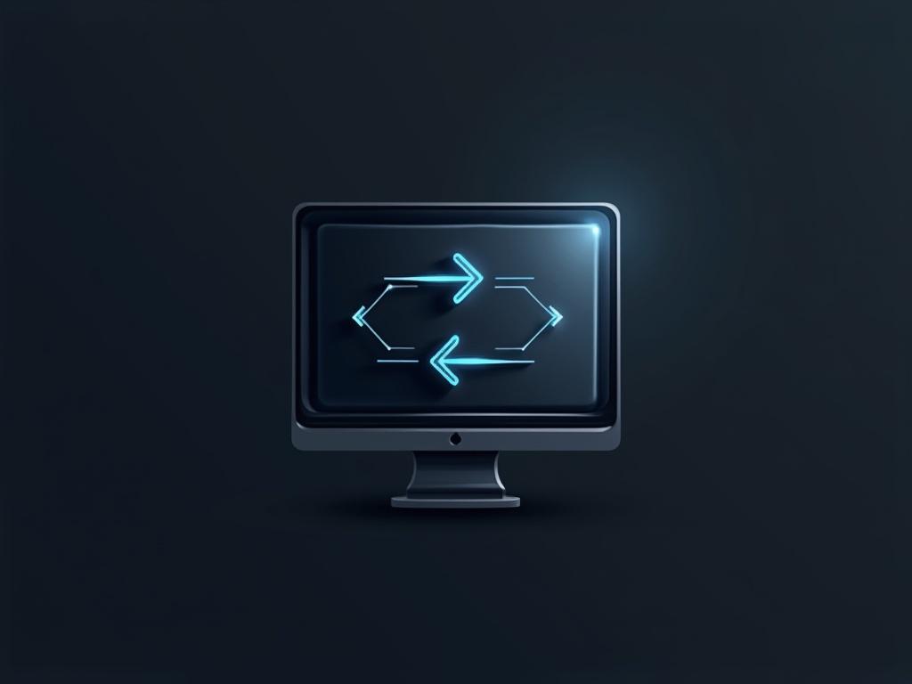 Minimalist logo design for 'ScreenNavigator' software with a dark gray computer monitor. Geometric lines depict arrows integrated into the screen. Arrows have a glowing blue gradient. Monitor borders are reflective. Design employs deep grays and subtle blues. Emphasizes intuitive user navigation.