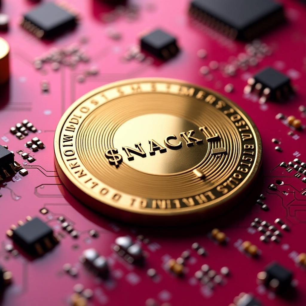 Close-up view of a golden digital coin on a pink motherboard. The coin prominently displays the name '$NACKL.' The background features circuit elements enhancing the tech theme.