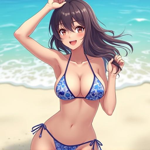 Anime character wearing a bikini at the beach. Bright sunny day with cheerful expression.