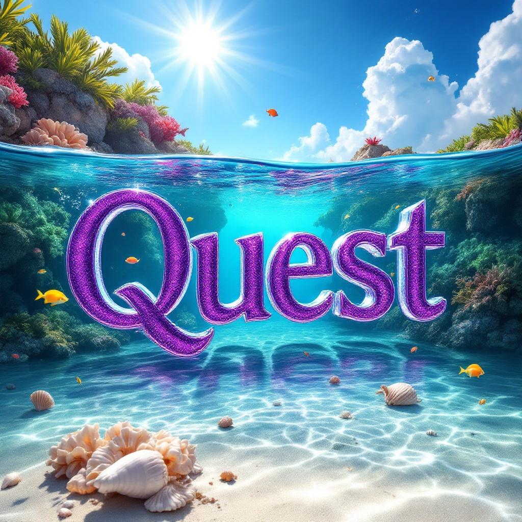 A vibrant scene showcases the word 'Quest' emerging from crystal-clear Caribbean sea. Letters appear crafted from glass in sparkling purple. Colorful fish swim around coral reefs. Sunlight creates shimmering patterns on the letters. Blue sky reflects in the water. Gentle waves lap against a sandy shoreline with seashells scattered. The word stands as an invitation to adventure.