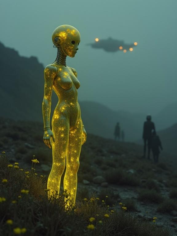 Dark mystical dystopian landscape with shadows. Alien spaceship in the distance. Ghostly human figures scattered on the horizon. Foreground features a glowing android with translucent skin revealing buttercups inside. Eerie yet captivating atmosphere combines mystery, technology, and nature's beauty.