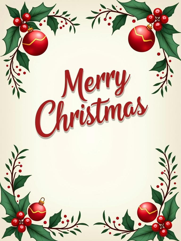 Design a Christmas greeting featuring strong typography. Focus on the phrase Merry Christmas. Use holly leaves and red ornaments for border decoration. Create a festive atmosphere with bright colors. Aim for a cheerful and warm design to convey holiday spirit.