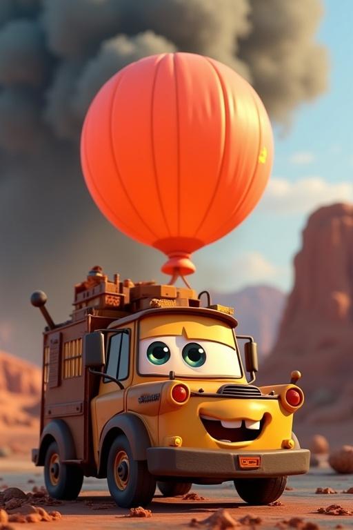 3D animation of a fire truck character with a large orange balloon above it in a colorful landscape.