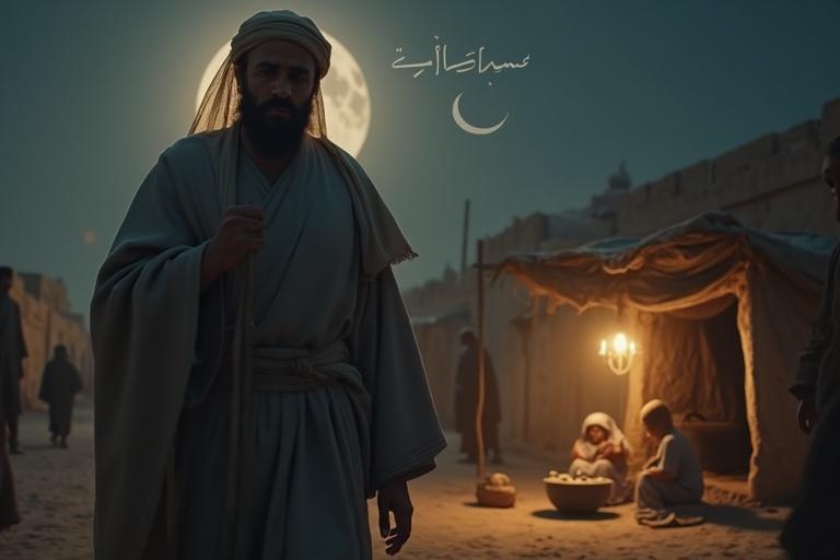 A cinematic scene in Madinah showing Hazrat Umar walking with a stick. Companion is also present. A tent in the background has children and a mother. Pot is boiling with stones. Emotional atmosphere evoked by the moonlight. Shadows create a divine mood. Arabic phrase 'Al-Adl' appears in the sky.