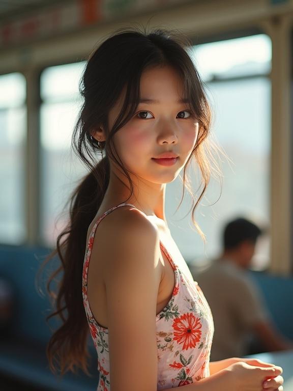 Portrait of a teenage girl in a sundress at a train station. She is buying a ticket from a booth. A soft golden light highlights her beautiful face and floral dress. The background shows a train setting.