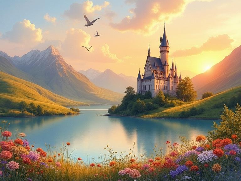 Soft watercolor painting of a fairytale castle on a lake surrounded by wildflower hills at sunset. Warm colors and loose brushstrokes create a serene atmosphere.