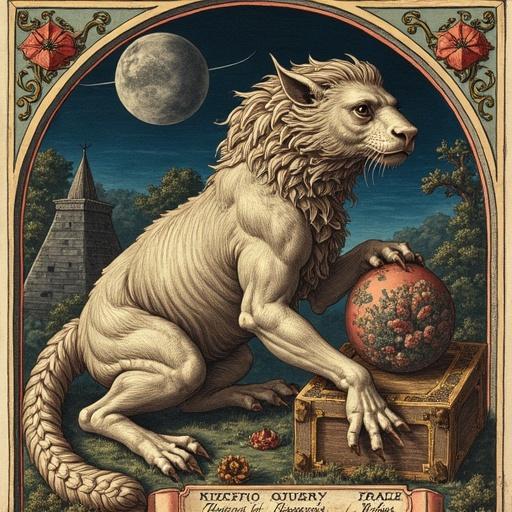 Highly detailed engraving of a mythological creature in an archaic, metaphysical setting. Creature has a lion-like head and a contorted body. Features intricate linework and colorful hand coloring. Scene includes a celestial background and botanical details.