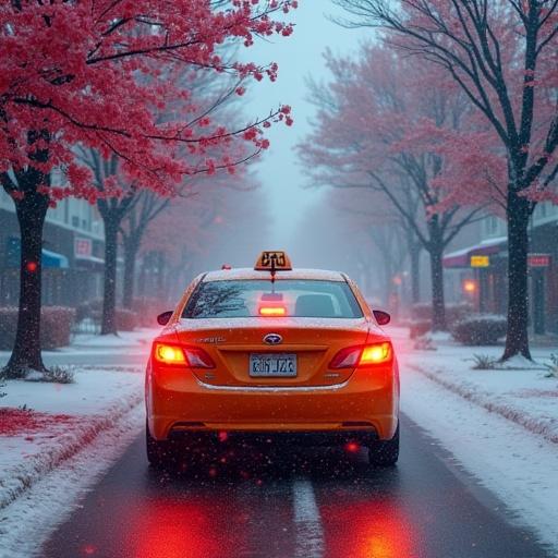A taxi stands on a snowy street. Trees with pink flowers frame the scene. The taxi's taillights shine bright red like watercolor. Snowflakes swirl in the air creating a dreamy effect.