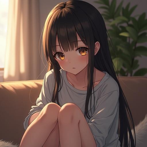 A Japanese girl sits solo on a couch. She has long hair and a cute expression. The focus is on her detailed face and eyes with lights reflecting in them. Captured in a warm, photorealistic style.
