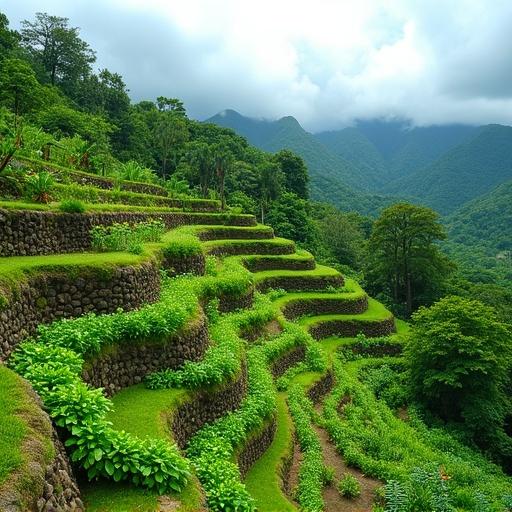 Lush terraced hillside farm in Puerto Rico on steep slope. Stone retaining walls with various crops. Upper terraces have mango and avocado trees. Mid-level terraces grow bananas and papayas. Lower terraces contain leafy greens and root vegetables. Surrounding vetiver grass and tropical flowers for erosion control. Tropical forest in background under humid sky.