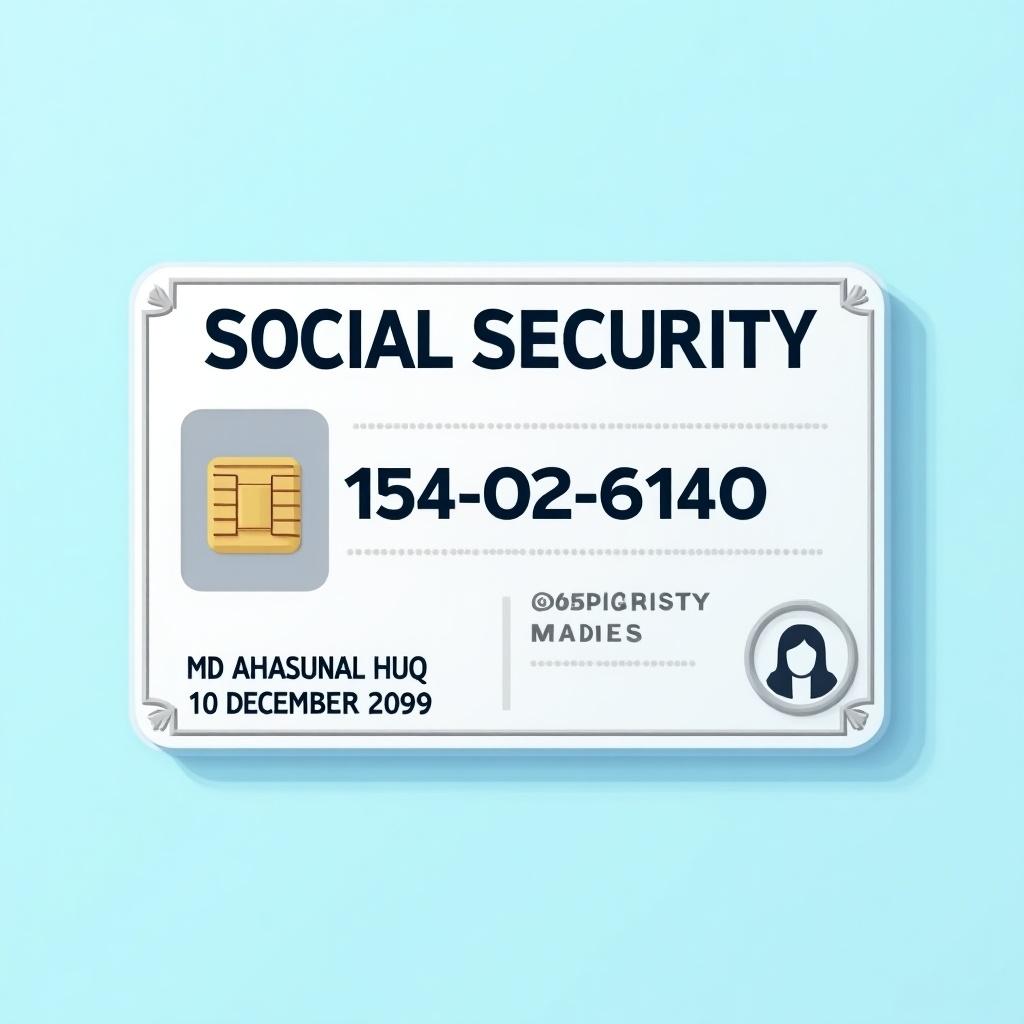 Depiction of a generic social security card. Prominent text 'SOCIAL SECURITY' at the top. Key numbers '154-02-6140'. Graphic chip shown to represent modern identification. Decorative elements indicate official nature. Background is soft blue. Design is professional and clean, echoing social security identification importance.