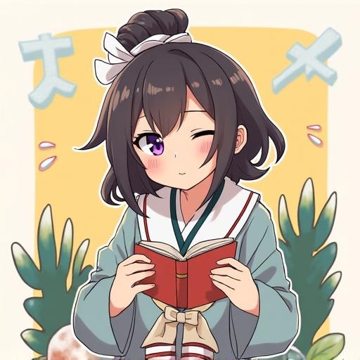 Anime character in traditional clothing. The character has short brown hair and a white headband. Smiling while holding a book. Surrounded by plants. Background is light-colored.
