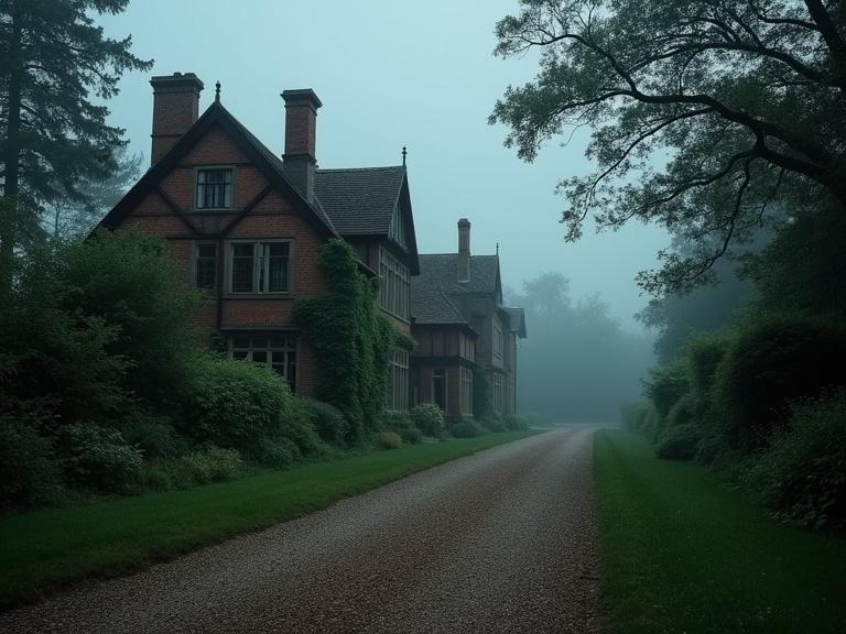 Mysterious early-summer evening at a secluded Edwardian manor in Essex. Manor covered in ivy surrounded by mist. Long gravel driveway and overgrown gardens. Inside, a dimly lit library with polished wood and dusty maps. Distant thunderstorm adds suspense.