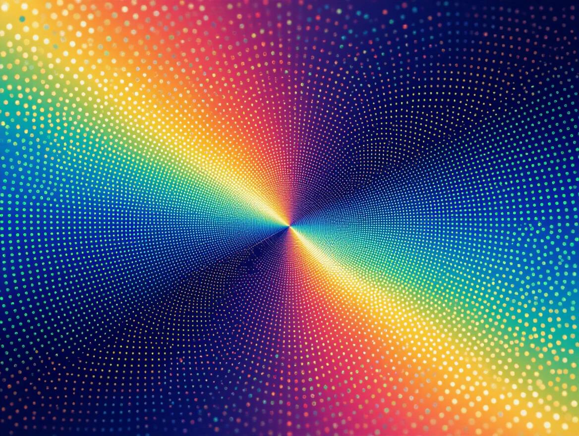 Abstract representation of quantum particle interactions with color dot patterns. Portray energy fields in systematic color placement. Blend theoretical physics with neo-impressionism. Showcase aesthetics of particle accelerators. Use divisionist theory to illustrate quantum mechanics. Depict thousands of dots representing subatomic reality.
