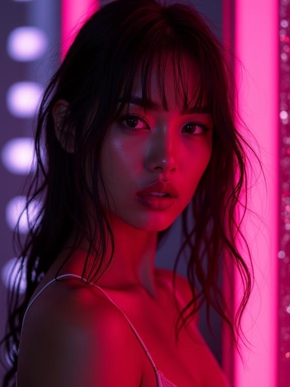 Fashion editorial featuring a young woman with wet hair. Her face has a flawless beauty. She poses directly at the camera. Backlit with vibrant neon lights in pink and magenta. Soft light illuminates her features. Background is dark with blurry neon flares. Hyper-detailed and sharp focus.