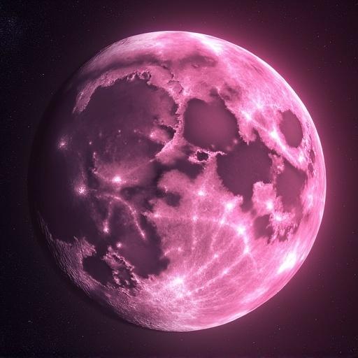 A digital rendering of a pink moon with intricate details. The moon has an ethereal glow, integrated with cosmic elements. It represents a combination of psychedelic themes inspired by DMT experiences.