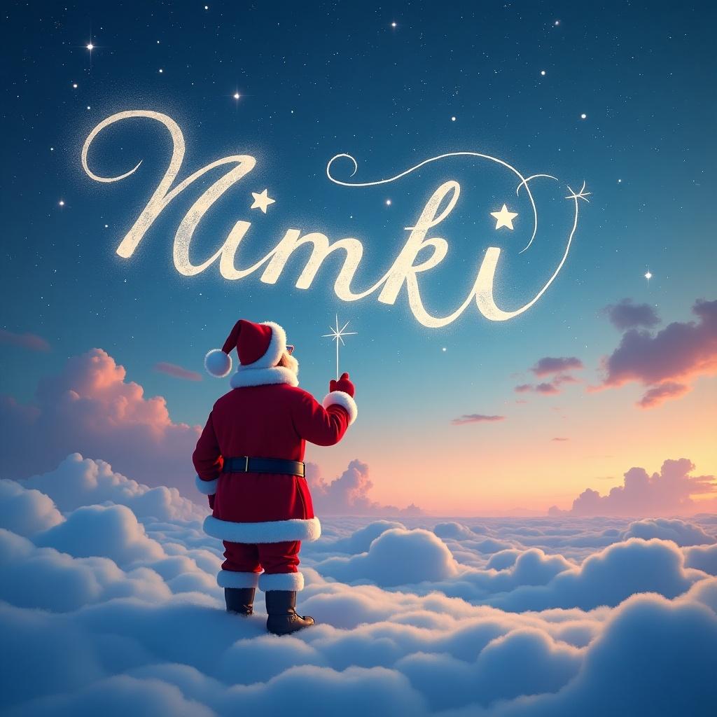 In this whimsical holiday scene, Santa Claus is standing on fluffy clouds, gazing at the sky. He is dressed in traditional red and white attire, complete with a hat. Above him, sparkling letters spell out 'Nimki' in a joyful font. The background features a gradient of soft blue and pink hues, resembling a serene sunset. The atmosphere conveys a sense of magic and wonder, perfect for the Christmas season.