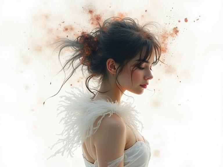 A profile of a woman with messy hair and soft features. Background features splashes of color. The subject evokes a dreamlike quality with a sense of beauty. Watercolor style with soft textures and delicate details.