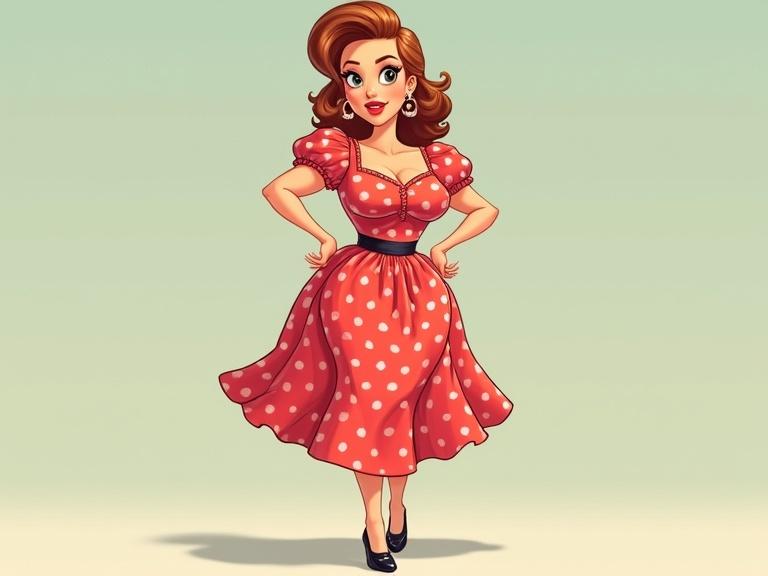 Character poses in a polka dot dress. Style is cartoonish and vibrant. Emphasis on curves and femininity. Background is soft pastel color. Look expresses confidence and charm.