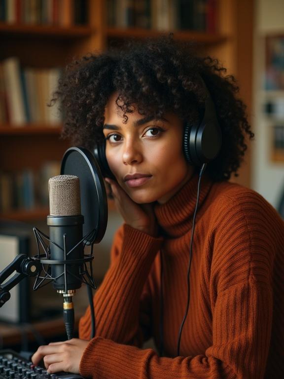 A portrait of a woman with curly hair wearing headphones and a sweater. She is in front of a vintage microphone. The background has bookshelves and sound panels. The lighting is warm and calm.