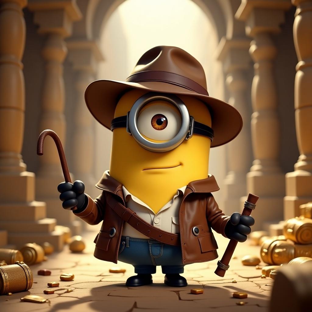 A minion character dressed like Indiana Jones. The minion wears a brown leather jacket and hat. In one hand, there is a whip. In the other hand, a staff. The background features a treasure-filled ancient temple setting. Lighting is warm and inviting. Emphasis on adventure and humor.