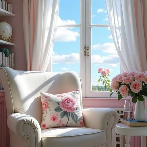 A light pink and light blue and cream colored livingroom. Shabby Chic Cottage style with light pink and light blue rose print pillows. Wing back chair. Window has view of blue sky, white clouds, no dark shadows and light pink roses.