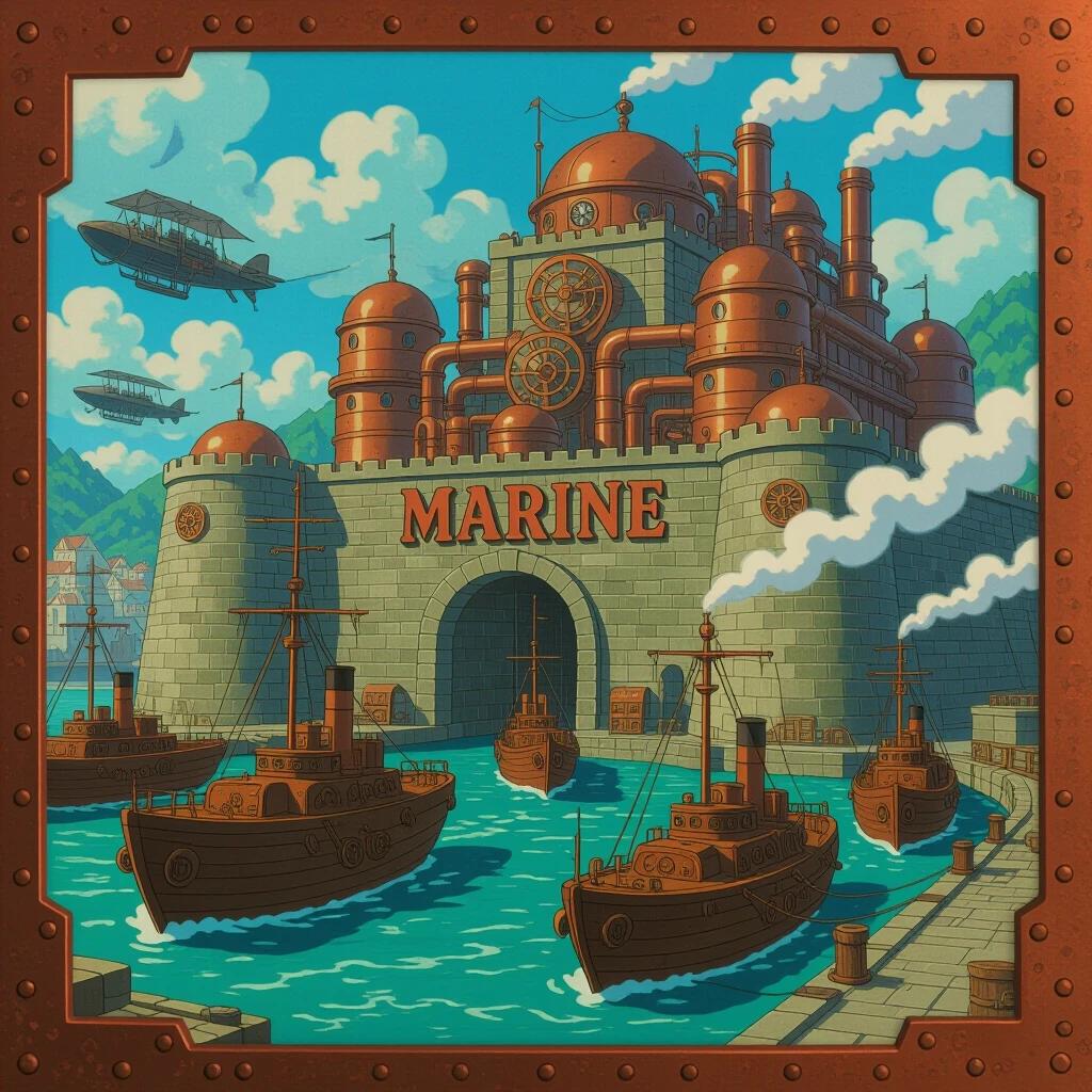 A breathtaking animated scene in a steampunk style. The focus is on a majestic naval base shaped like a fortified citadel. The word 'Marine' is prominently displayed in copper letters at the front. The architecture features steam-powered machinery and copper pipes. Warships are anchored in the vibrant harbor. Airships patrol the skies. Cranes are used for loading cargo. The sea showcases bright turquoise and azure colors under a sunny sky with wispy clouds.